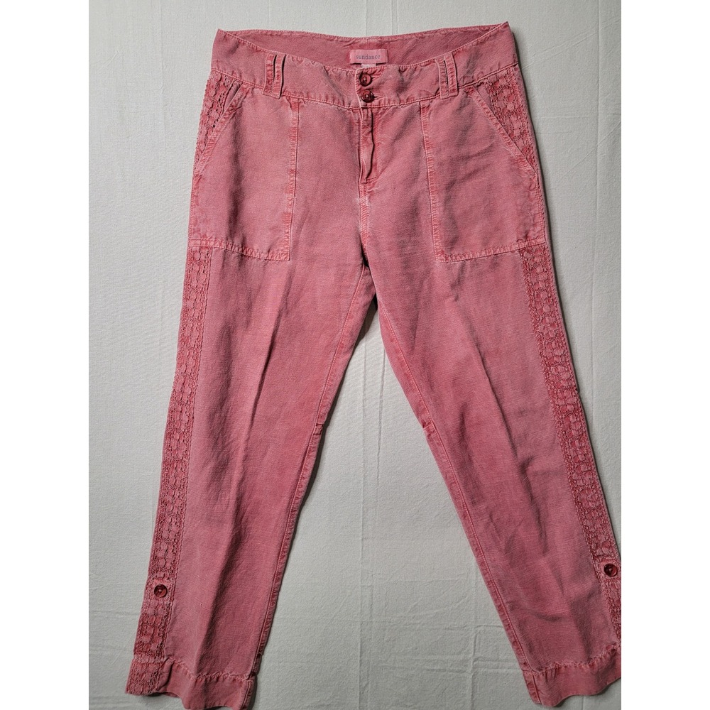 Sundance Crop Pants P10 Linen Cotton Crochet Lace Trim Roll Tab Boho Coral